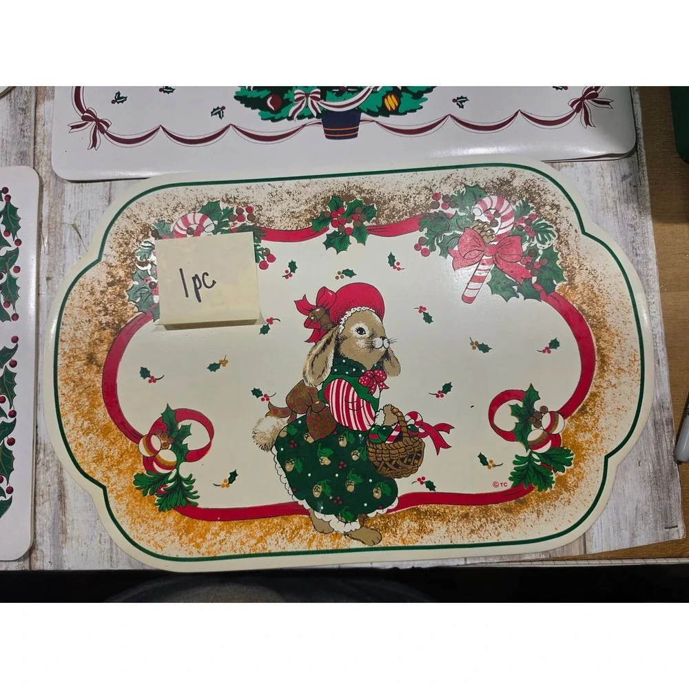 Vintage Christmas Placemats Lot of 7 Holiday Tree Bells Bunny Poinsettia Decor
